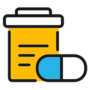 Get treatment and prescriptions online. Drawing of a prescription bottle and capsule