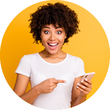 Happy woman getting Cologuard test online for colon cancer screening.